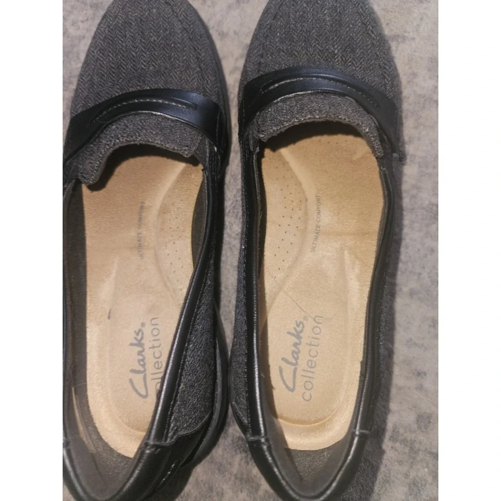 Clarks Women's Shoes loafers  grey herringbone tweed with black trim EXC Size 8M
